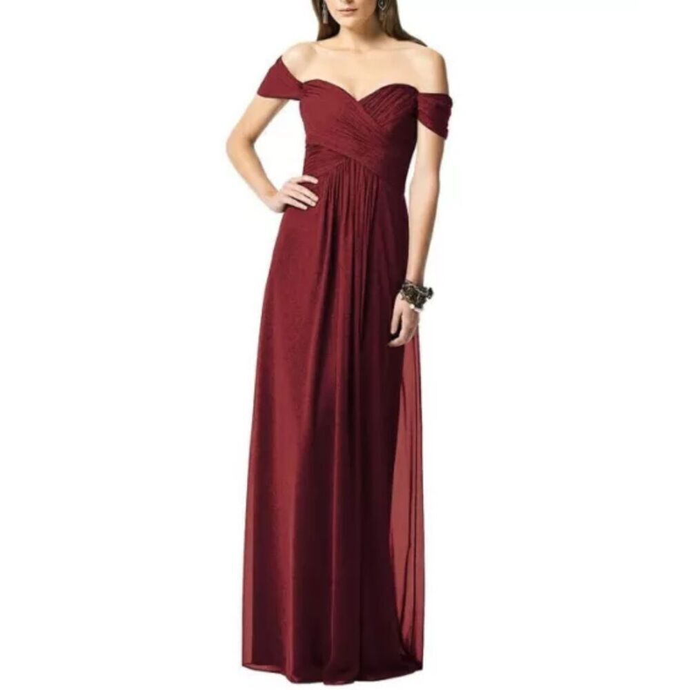 Dessy Collection 2844 Burgundy Off The Shoulder Chiffon Bridesmaid Dress Size 0